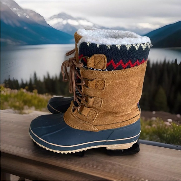 KHOMBU KRISTIE Brown Suede Sherpa Lined Nordic Knit Snow Duck Boots Size 8 - Picture 4 of 13